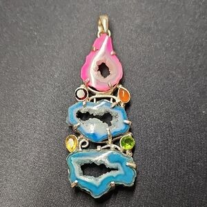 Pink and Blue Druzy Pendant Necklace 925